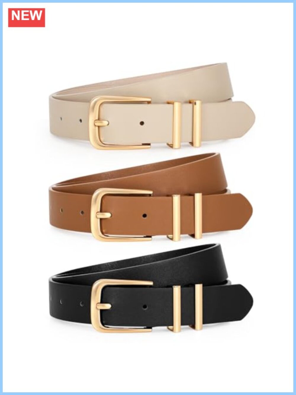 3 Pack Faux Leather Belts with Gold Buckle for Jeans Dress Pants